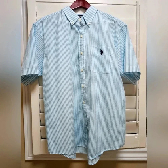 U.S. POLO Assn. Short Sleeve Button Shirt  Aqua Stripes Cotton Size XL - Picture 1 of 4